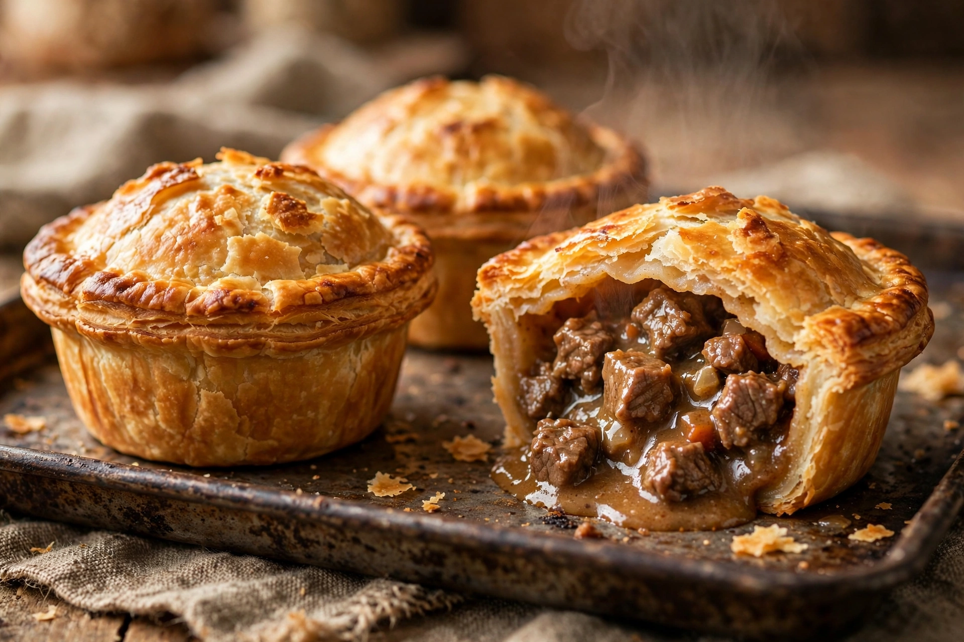 Golden meat pies, one cut open showing the filling