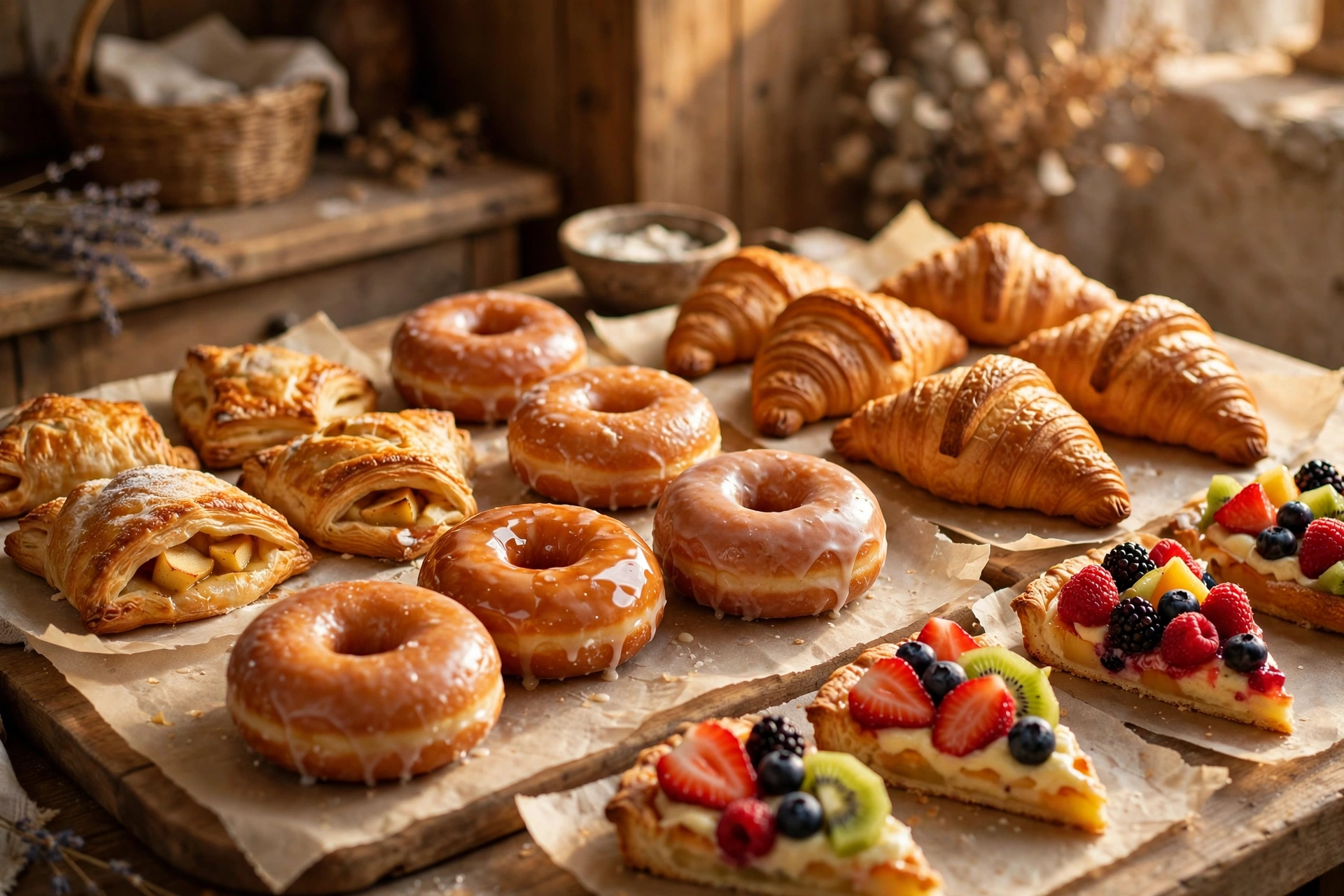 Doughnuts, apple turnovers and croissants on display